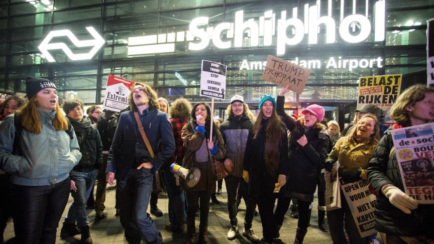 Anti-Trump demonstrators at Schiphol airport, ANP photo