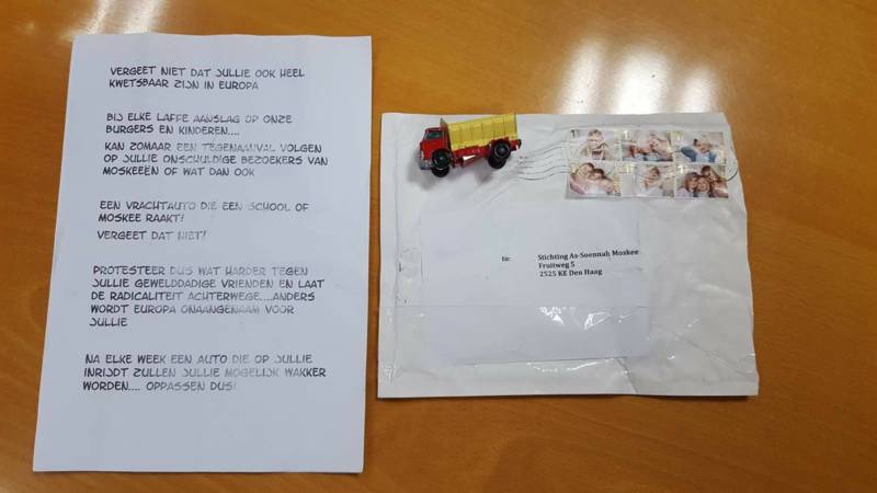 Letter threatening as-Soennah mosque with terrorism, with toy truck