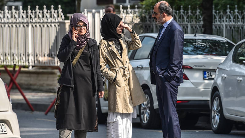 Fiancee of Saudi journalist (left) waiting in vain outside Saudi consulate in Istanbul