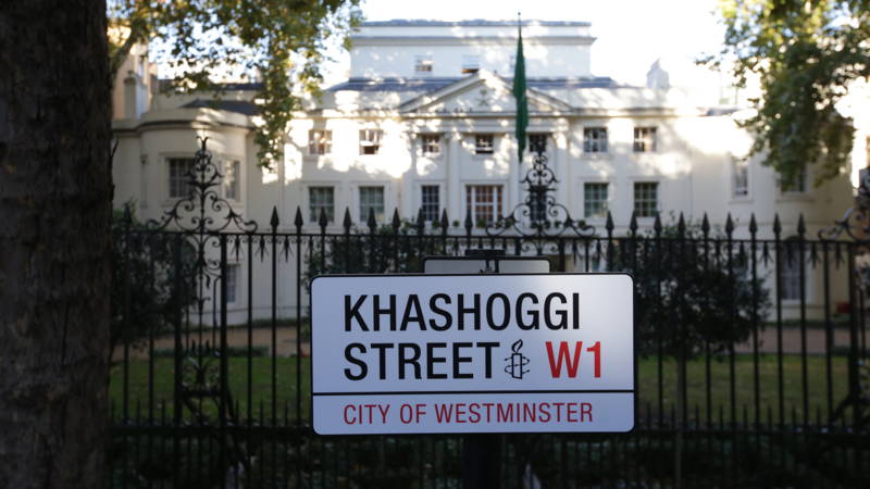 Khashoggi street sign at Saudi embassy, London, England, AFP photo
